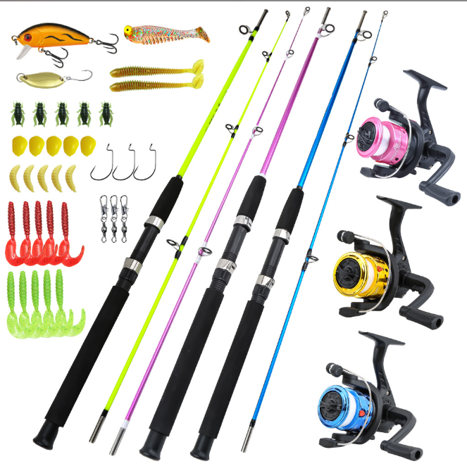 2 Section Solid Fiberglass Spinning Fishing Rod and Reel Combo, 3 Colors Available, Complete Lure Kit for Freshwater Saltwater Bass Fishing