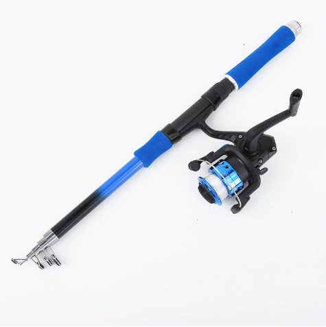 Portable 1.8M Telescopic Fishing Rod Full Kit, Blue Travel Fishing Pole with Pre‑Loaded Spinning Reel, Assorted Soft Hard Lures Hooks Tackle Set with Carry Bag for Shore Boat Fishing