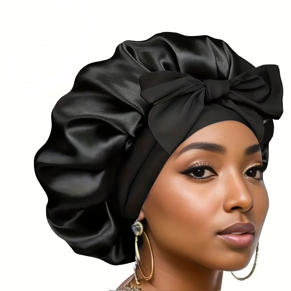 4 pcs Satin Bonnet with Bow Tie, Elastic Women Silk Hair Wrap, Fashion Large Satin Sleeping Cap Head Scarf for Hair Protection