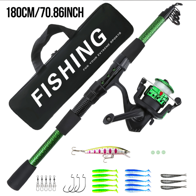 1.8M Cyan Telescopic Fishing Rod Combo, Portable Long Cast Spinning Fishing Pole Kit with Pre-Spooled Spinning Reel, Lures, Hooks & Carry Bag, Complete All-in-one Tackle Set for Beginner Freshwater & Saltwater Fishing