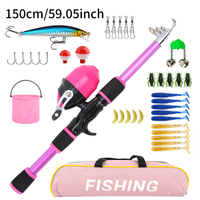 Beginner Kids & Teen Fishing Pole Kit, 150cm Telescopic Fishing Rod with Closed Spincast Reel, Lures Hooks Swivels Foldable Bucket Carry Bag for Boys Girls Outdoor Activity