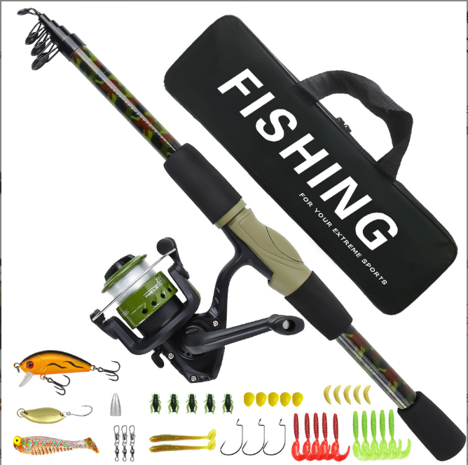 Portable 1.8M Camo Telescopic Fishing Rod Full Kit, Lightweight Travel Fishing Pole with Pre‑Loaded Spinning Reel, Assorted Hard & Soft Lures Hooks Tackle Set, Black or Army‑Green Storage Gear Bag for Beginner Anglers