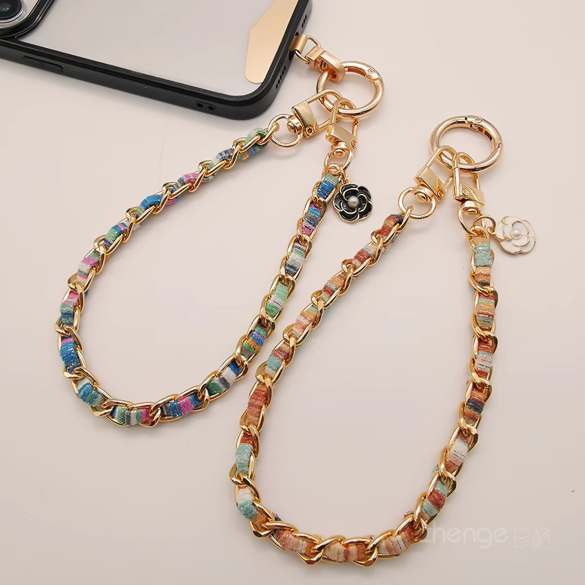 2 Pack Random Style Camellia Metal Phone Wrist Strap, Ins Colorful Thread Braided Short Phone Chain Lanyard Charm for Cell Phone Case