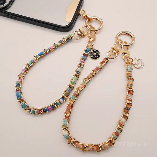 2 Pack Random Style Camellia Metal Phone Wrist Strap, Ins Colorful Thread Braided Short Phone Chain Lanyard Charm for Cell Phone Case