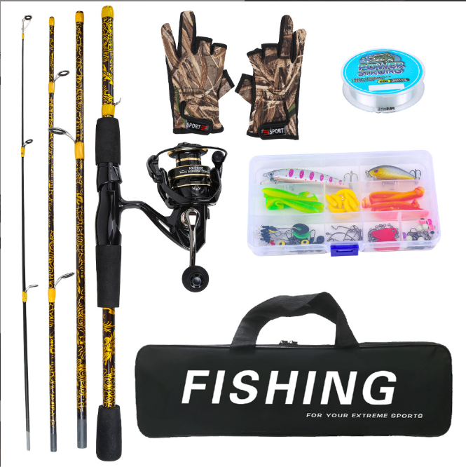 Complete 4‑Piece Spinning Fishing Rod Kit, 1.8M Gold Pattern Fishing Pole with 2000 Series Metal Spool Reel, 100M Fishing Line, Fishing Gloves, Assorted Lure Tackle Box and Carry Bag for Outdoor Fishing