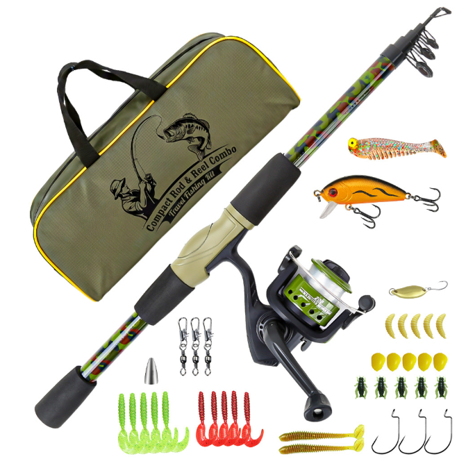 Portable 1.8M Camo Telescopic Fishing Rod Full Kit, Lightweight Travel Fishing Pole with Pre‑Loaded Spinning Reel, Assorted Hard & Soft Lures Hooks Tackle Set, Black or Army‑Green Storage Gear Bag for Beginner Anglers