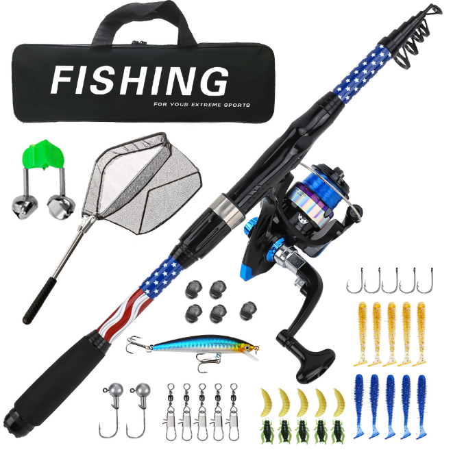 1.8M Starry Blue Fishing Rod Combo, Lure Fishing Tools Full Kit with Reel, Hooks, Soft Baits, Storage Bag and Landing Net for Freshwater Fishing