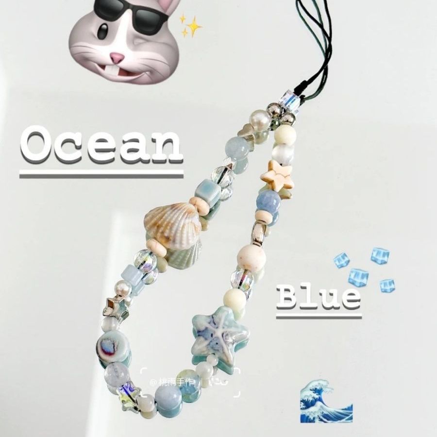 Ocean Blue Starfish Shell Beaded Phone Charm, Aesthetic Handmade Cell Phone Strap Wrist Lanyard for Women
