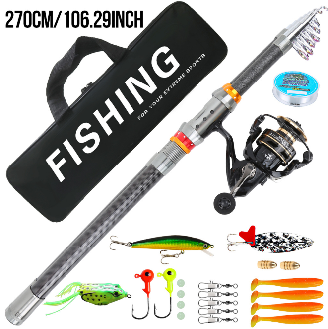 2.7M 3M 3.6M Telescopic Lure Fishing Rod Set, Complete Fishing Tackle Package with Spinning Reel Baits Hooks Carry Bag for Anglers
