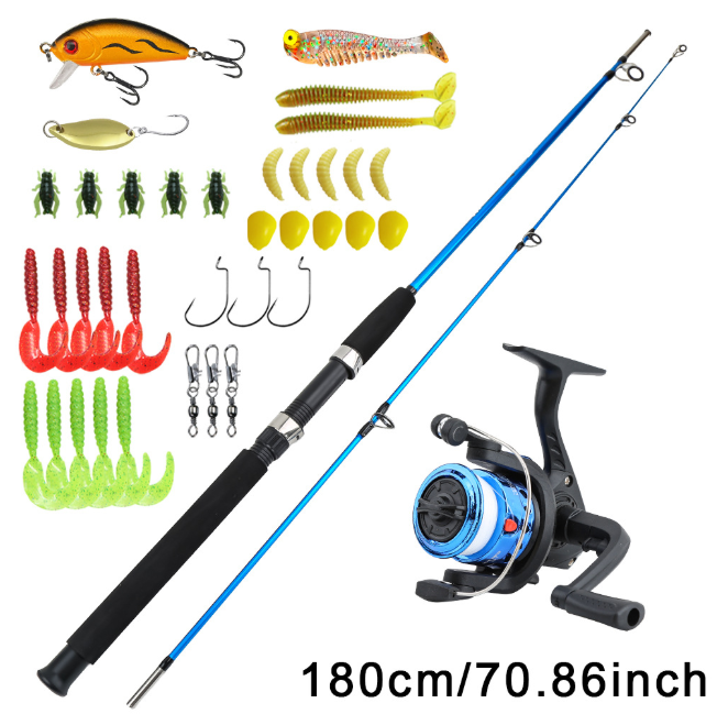 2 Section Solid Fiberglass Spinning Fishing Rod and Reel Combo, 3 Colors Available, Complete Lure Kit for Freshwater Saltwater Bass Fishing