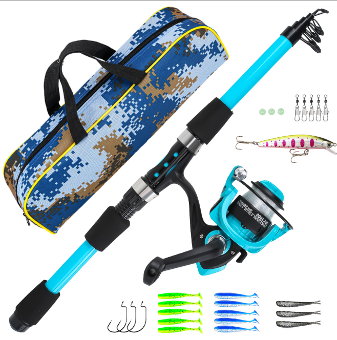 1.8M Cyan Telescopic Fishing Rod Combo, Portable Long Cast Spinning Fishing Pole Kit with Pre-Spooled Spinning Reel, Lures, Hooks & Carry Bag, Complete All-in-one Tackle Set for Beginner Freshwater & Saltwater Fishing