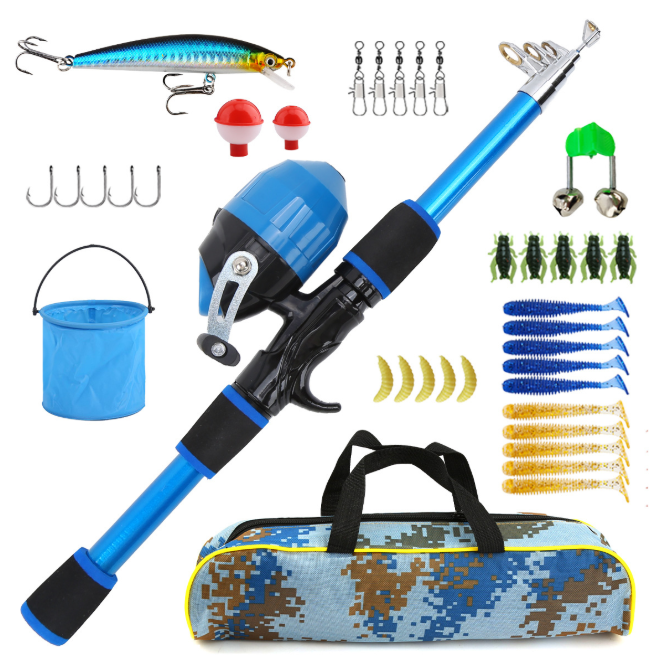 Beginner Kids & Teen Fishing Pole Kit, 150cm Telescopic Fishing Rod with Closed Spincast Reel, Lures Hooks Swivels Foldable Bucket Carry Bag for Boys Girls Outdoor Activity