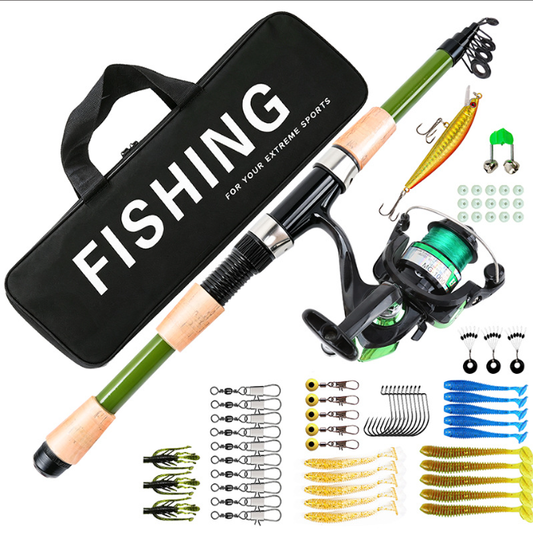 Portable Collapsible Fishing Rod Kit 1.8M, Army Green Telescopic Fishing Pole with Size 1000 Pre‑Loaded Spinning Reel, Assorted Lures Tackle Box, Travel Fishing Gear Bag for Outdoor Fishing