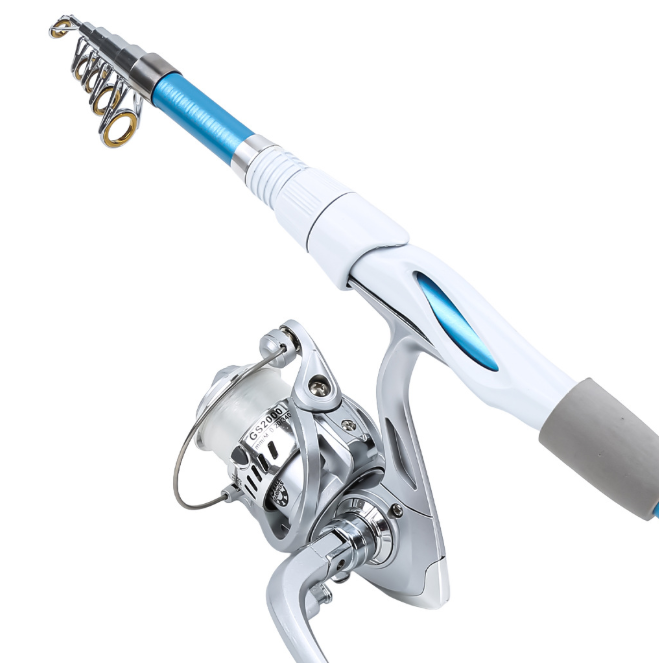 1.8M Telescopic Fishing Rod Combo, Blue & White Portable Spinning Lure Rod Kit with 2000 Spinning Reel, 100M Fishing Line, Lures Hooks & Carry Bag, Complete Fishing Tackle Set for Beginners Freshwater & Saltwater