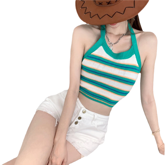 Knitted Neck-Strap Tank Top for a Youthful Look