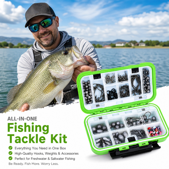 265 Pieces Fishing Tackle Kit, Portable Fishing Accessories Box Including Jig Heads, Bullet Weights, Barrel Swivels, Crimp Beads, Fishing Hooks for Anglers