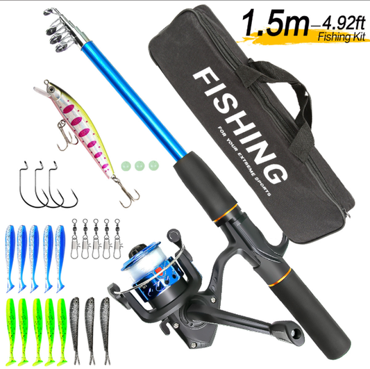 1.5M Telescopic Fishing Pole Combo | Pre-Spooled Spinning Reel + Lures + Hooks + Carry Bag(Camo/Black) Complete Kids Fishing Tackle Set