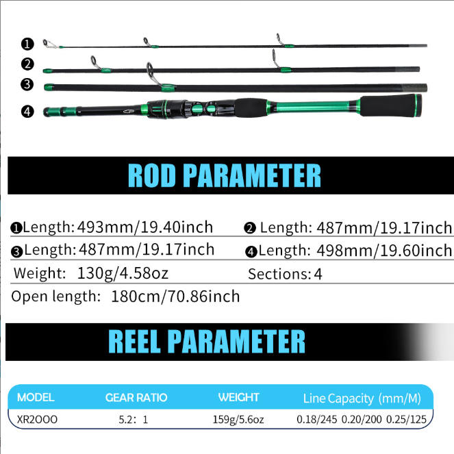 Green Water Ghost 1.8M 4 Sections Spinning Fishing Rod Combo, Complete Fishing Set with Reel, Fishing Line, Lures, Hooks and Landing Net
