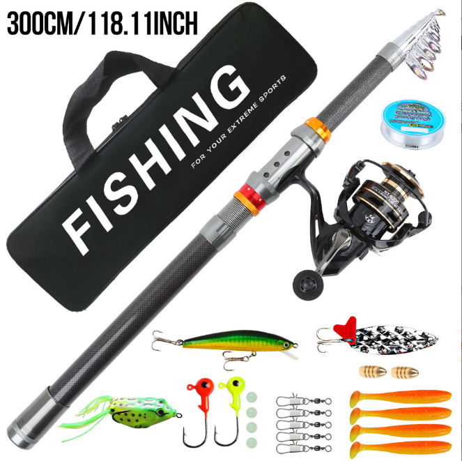 2.7M 3M 3.6M Telescopic Lure Fishing Rod Set, Complete Fishing Tackle Package with Spinning Reel Baits Hooks Carry Bag for Anglers