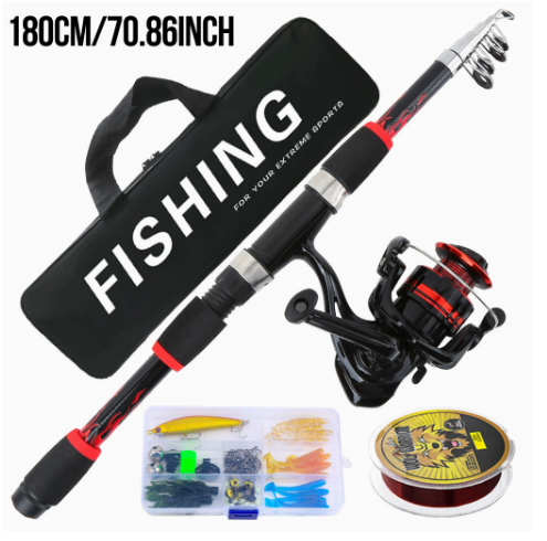 93-1 Portable Telescopic Fishing Rod Kit 1.8m, Complete Fishing Gear Set with Red Collapsible Rod, 3000 Series Metal Spinning Reel, 100m Line, Assorted Lures, Storage Bag for Beginner Anglers