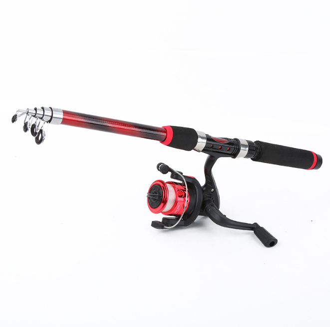 Complete Travel Fishing Kit 1.8M Black Red Collapsible Fishing Pole, SSR Pre‑Loaded Spinning Reel, Assorted Lures Hooks Sinkers Set, Lightweight Carry Bag for Outdoor Angling