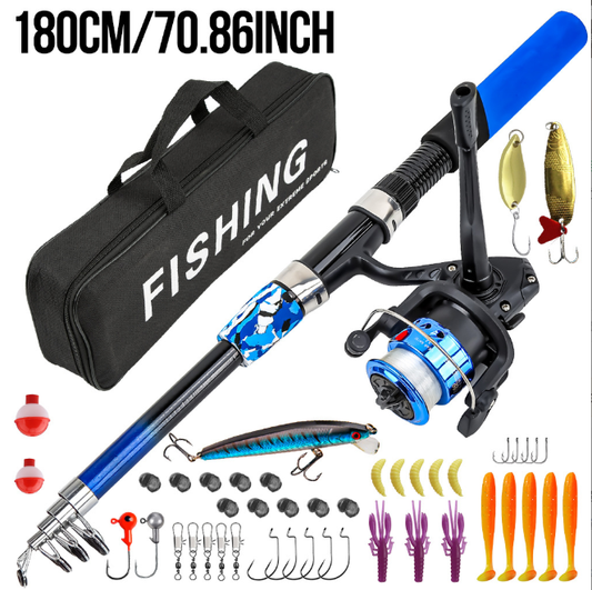 1.8M Blue Telescopic Fishing Pole Combo | Pre-Spooled Spinning Reel + Tackle Box + Assorted Lures + Carry Bag Complete Tackle Set