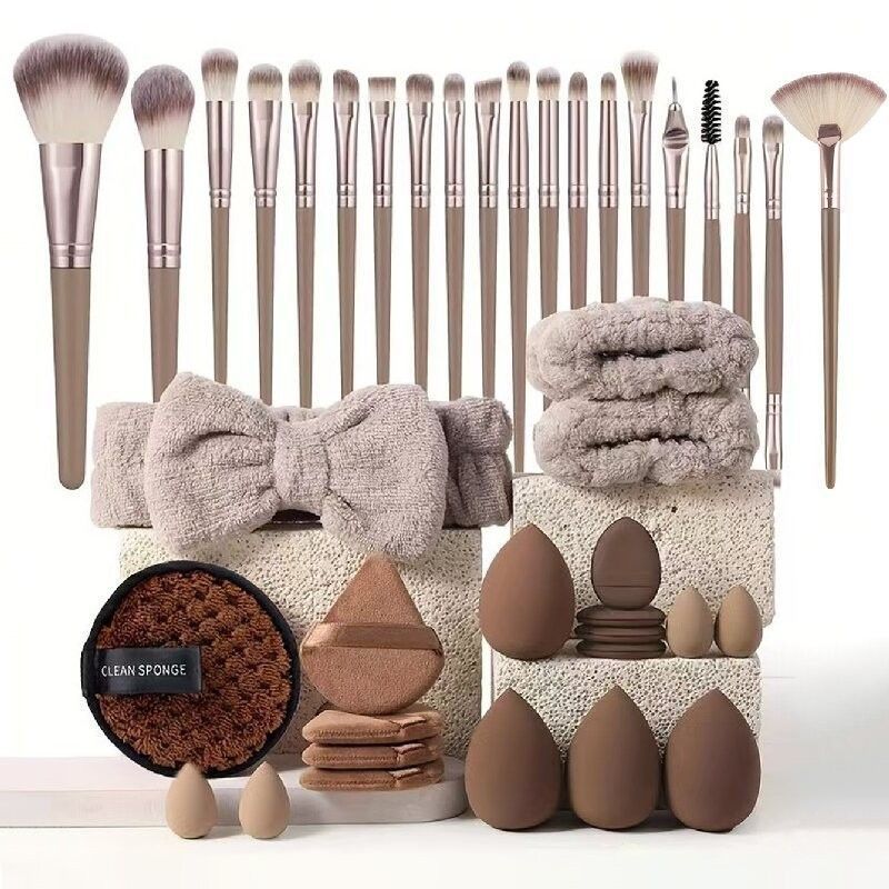 Complete Makeup Brush Set with Beauty Sponges, Soft Foundation Blending Brushes, Makeup Puff and Bow Headband, Professional Cosmetic Tools Kit