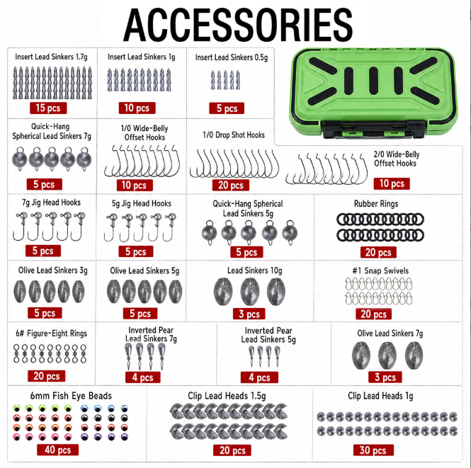 265 Pieces Fishing Tackle Kit, Portable Fishing Accessories Box Including Jig Heads, Bullet Weights, Barrel Swivels, Crimp Beads, Fishing Hooks for Anglers