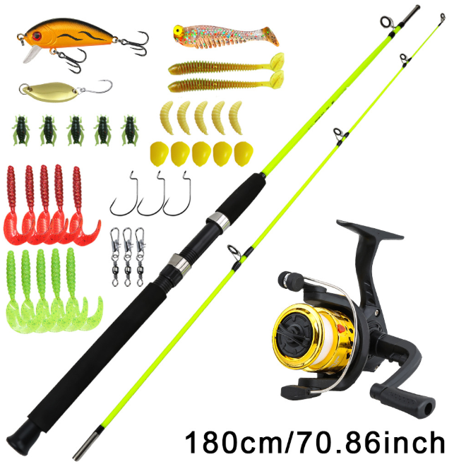 2 Section Solid Fiberglass Spinning Fishing Rod and Reel Combo, 3 Colors Available, Complete Lure Kit for Freshwater Saltwater Bass Fishing