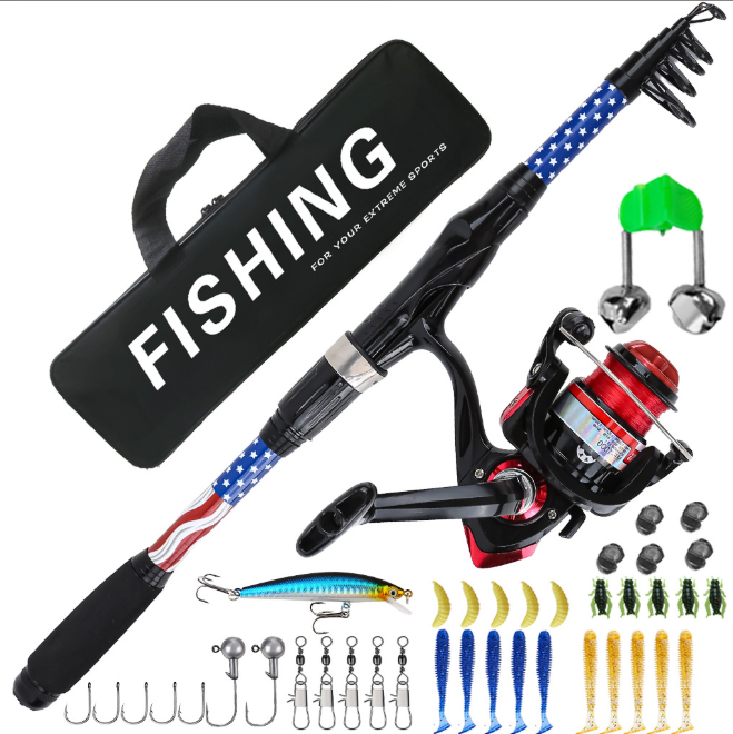 1.8M Starry Blue Fishing Rod Combo, Lure Fishing Tools Full Kit with Reel, Hooks, Soft Baits, Storage Bag and Landing Net for Freshwater Fishing