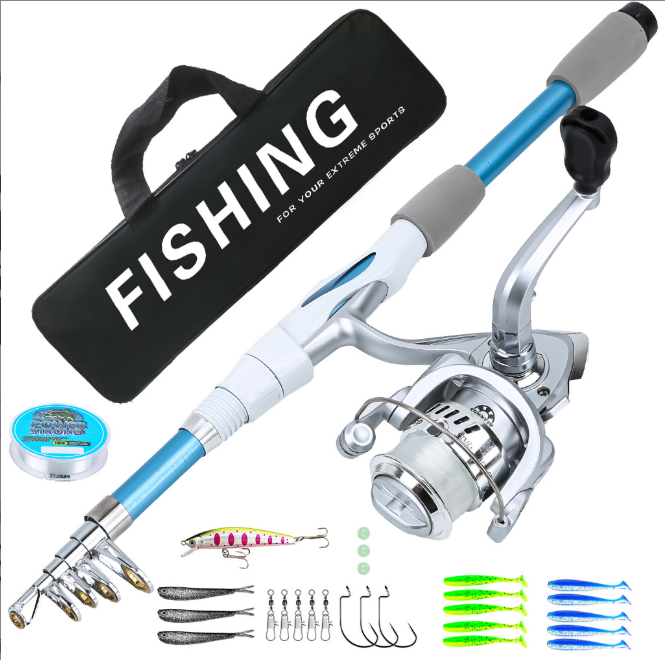 1.8M Telescopic Fishing Rod Combo, Blue & White Portable Spinning Lure Rod Kit with 2000 Spinning Reel, 100M Fishing Line, Lures Hooks & Carry Bag, Complete Fishing Tackle Set for Beginners Freshwater & Saltwater