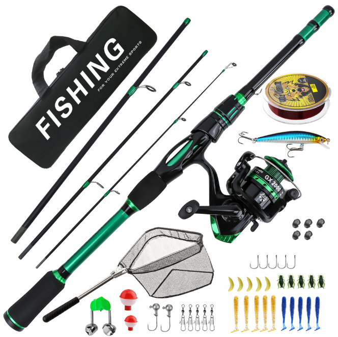 Green Water Ghost 1.8M 4 Sections Spinning Fishing Rod Combo, Complete Fishing Set with Reel, Fishing Line, Lures, Hooks and Landing Net