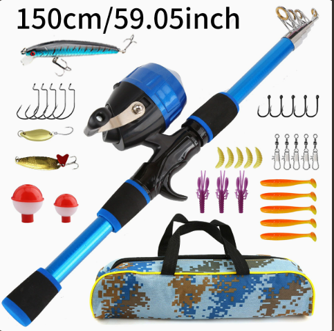 Beginner Kids & Teen Fishing Pole Kit, 150cm Telescopic Fishing Rod with Closed Spincast Reel, Lures Hooks Swivels Foldable Bucket Carry Bag for Boys Girls Outdoor Activity