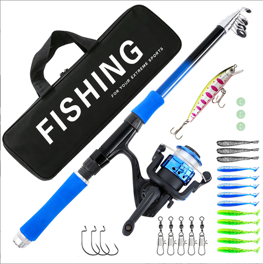 Portable 1.8M Telescopic Fishing Rod Full Kit, Blue Travel Fishing Pole with Pre‑Loaded Spinning Reel, Assorted Soft Hard Lures Hooks Tackle Set with Carry Bag for Shore Boat Fishing