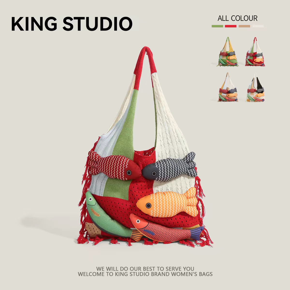 A375Cute 3D Colorful Fish Patchwork Knit Tote Bag, Boho Fringe Large Capacity Daily Shoulder Handbag