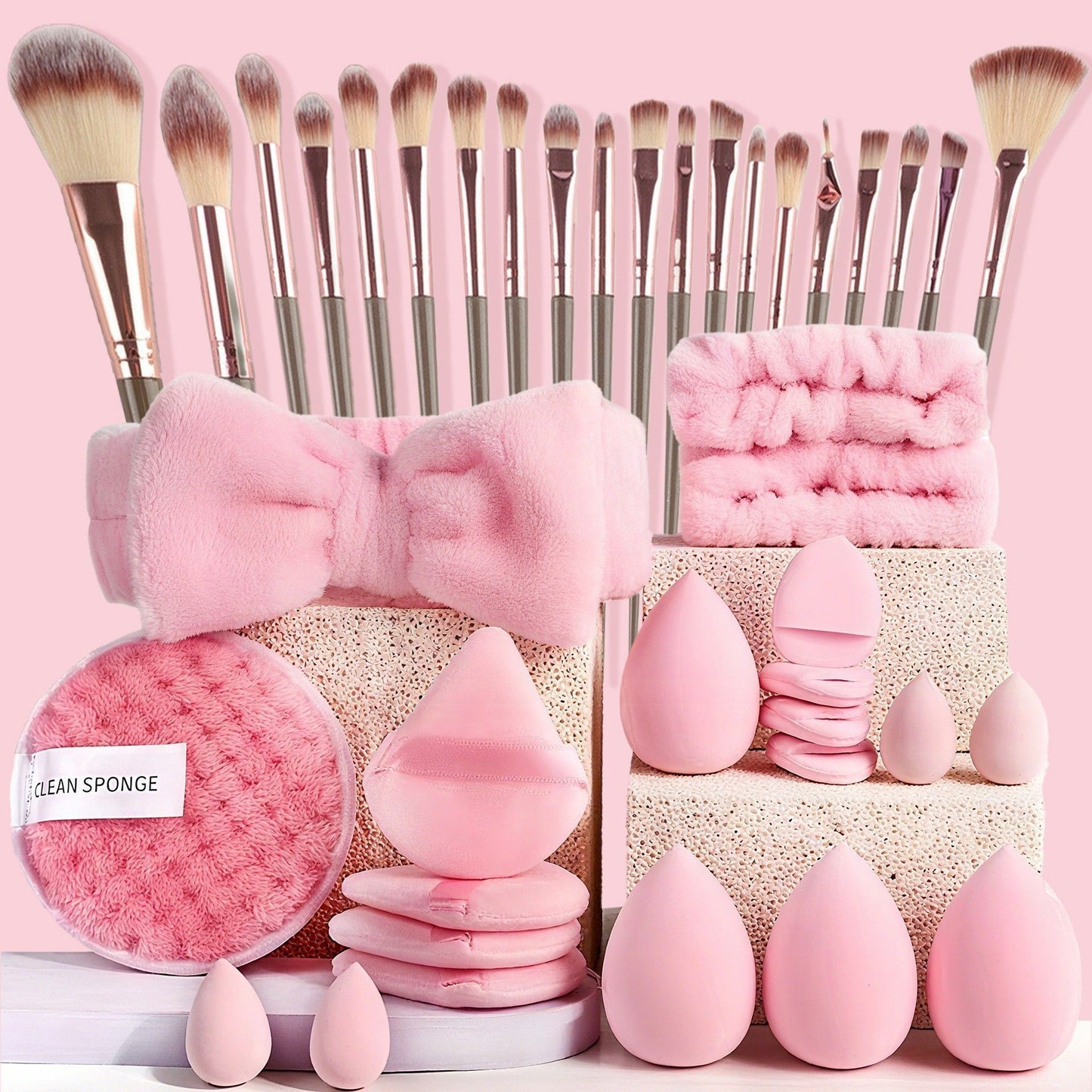 Complete Makeup Brush Set with Beauty Sponges, Soft Foundation Blending Brushes, Makeup Puff and Bow Headband, Professional Cosmetic Tools Kit