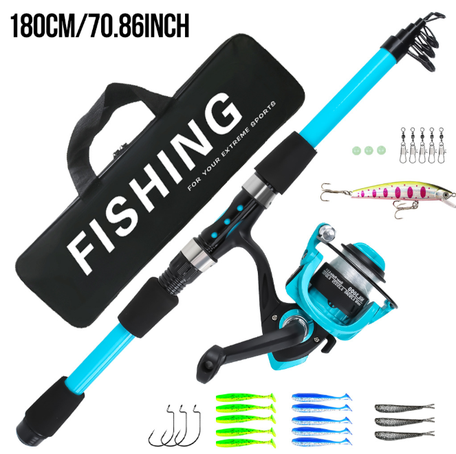 1.8M Cyan Telescopic Fishing Rod Combo, Portable Long Cast Spinning Fishing Pole Kit with Pre-Spooled Spinning Reel, Lures, Hooks & Carry Bag, Complete All-in-one Tackle Set for Beginner Freshwater & Saltwater Fishing