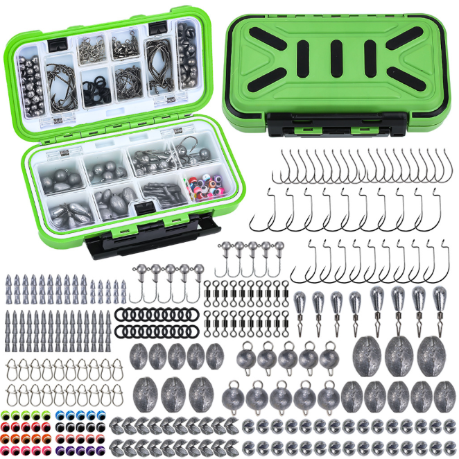 265 Pieces Fishing Tackle Kit, Portable Fishing Accessories Box Including Jig Heads, Bullet Weights, Barrel Swivels, Crimp Beads, Fishing Hooks for Anglers