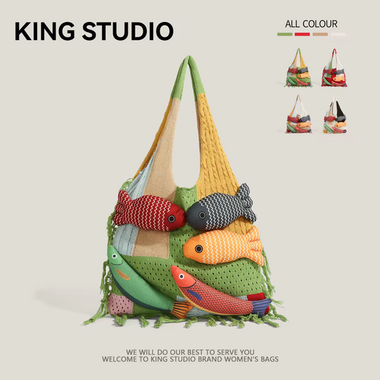 A375Cute 3D Colorful Fish Patchwork Knit Tote Bag, Boho Fringe Large Capacity Daily Shoulder Handbag