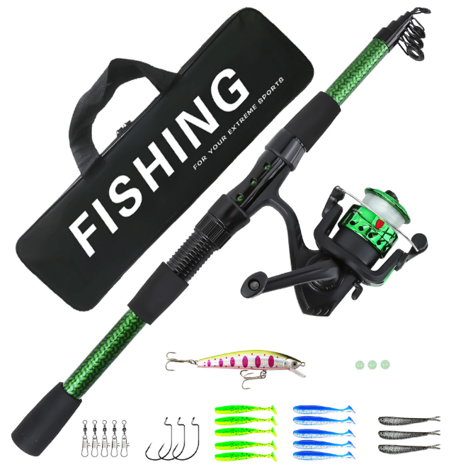 180CM Telescopic Green Fishing Rod and Reel Combo, Full Tackle Kit with Pre-Loaded Fishing Reel, Bait Lures, Storage Bag, Lightweight Travel Fishing Gear for Anglers