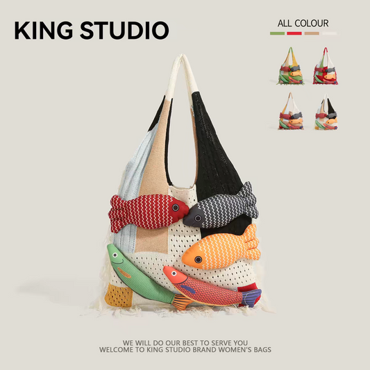 A375Cute 3D Colorful Fish Patchwork Knit Tote Bag, Boho Fringe Large Capacity Daily Shoulder Handbag