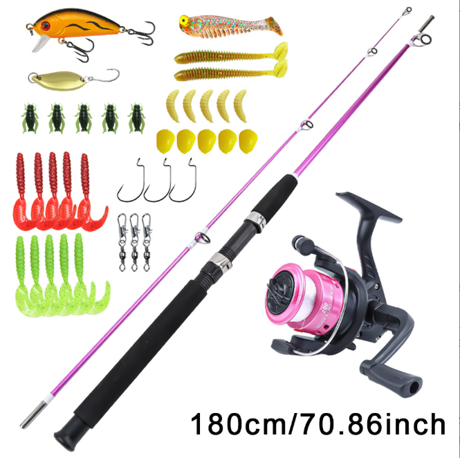 2 Section Solid Fiberglass Spinning Fishing Rod and Reel Combo, 3 Colors Available, Complete Lure Kit for Freshwater Saltwater Bass Fishing