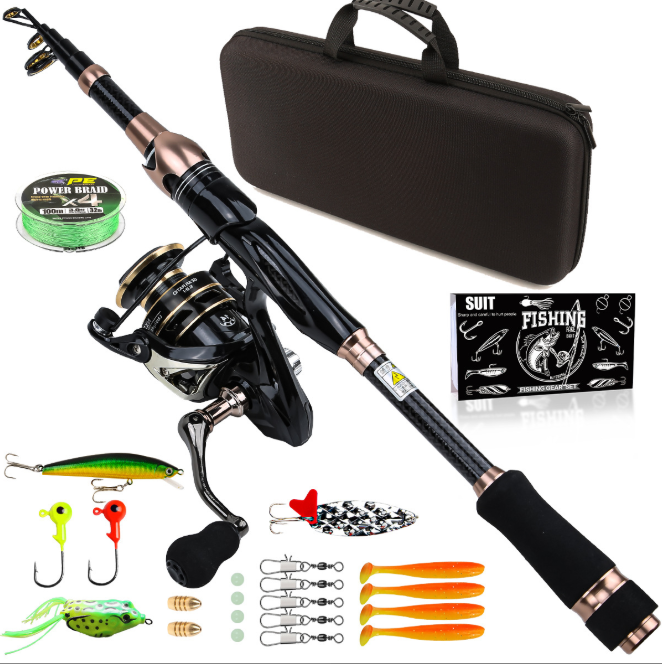1.8M Carbon Telescopic Casting Fishing Rod and Reel Kit, Complete Saltwater Freshwater Fishing Tackle Package with Carry Case