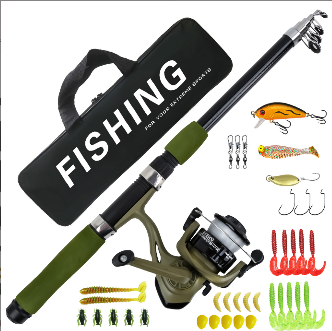 1.8M Army Green Portable Telescopic Sea Fishing Pole and Spinning Reel Full Kit, Fishing Tackle Set with Lures, Terminal Tackle & Carry Bag for Outdoor Fishing