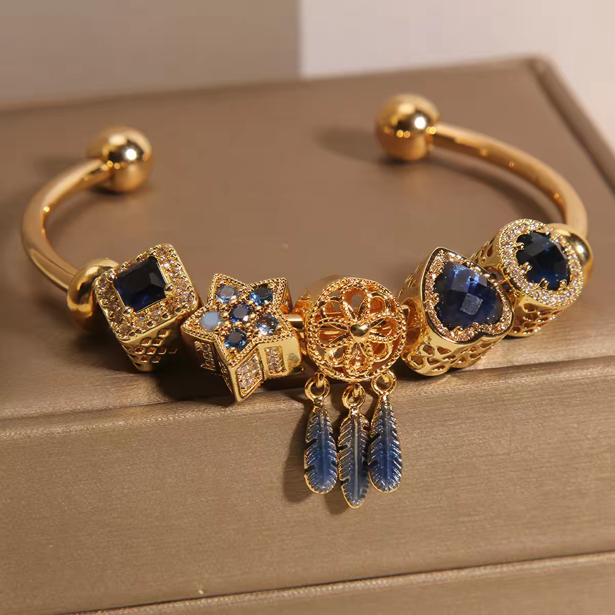 Women’s Blue Sapphire Ocean Heart Open Bangle, Luxury Star Dreamcatcher Feather Charm Bracelet