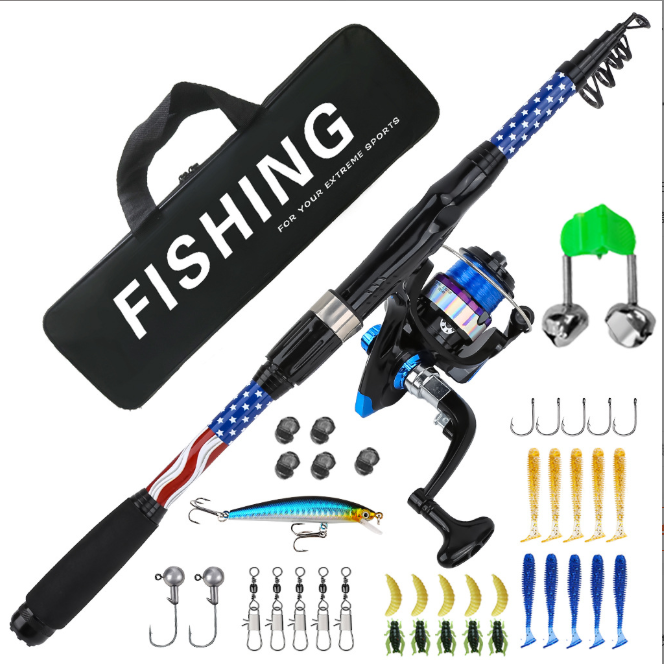 1.8M Starry Blue Fishing Rod Combo, Lure Fishing Tools Full Kit with Reel, Hooks, Soft Baits, Storage Bag and Landing Net for Freshwater Fishing