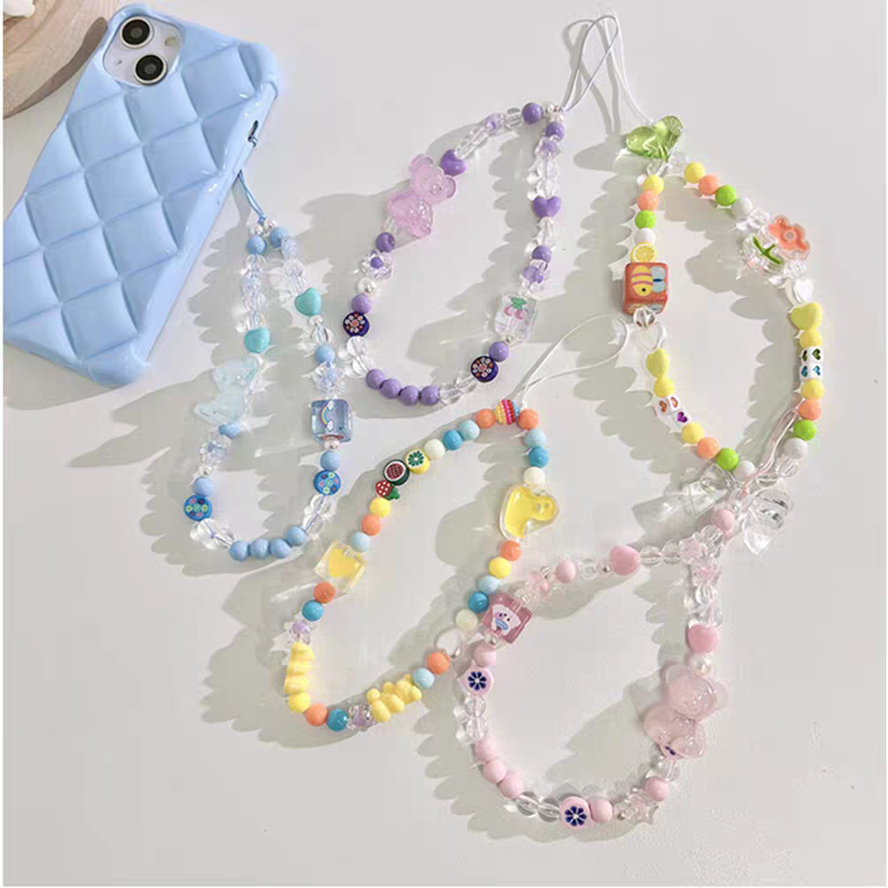 5 Pack Cute Bear Beaded Phone Wrist Strap, Colorful Printed Square Bead Cell Phone Chain Anti-lost Hand Lanyard Charms