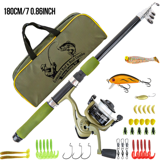 1.8M Army Green Portable Telescopic Sea Fishing Pole and Spinning Reel Full Kit, Fishing Tackle Set with Lures, Terminal Tackle & Carry Bag for Outdoor Fishing